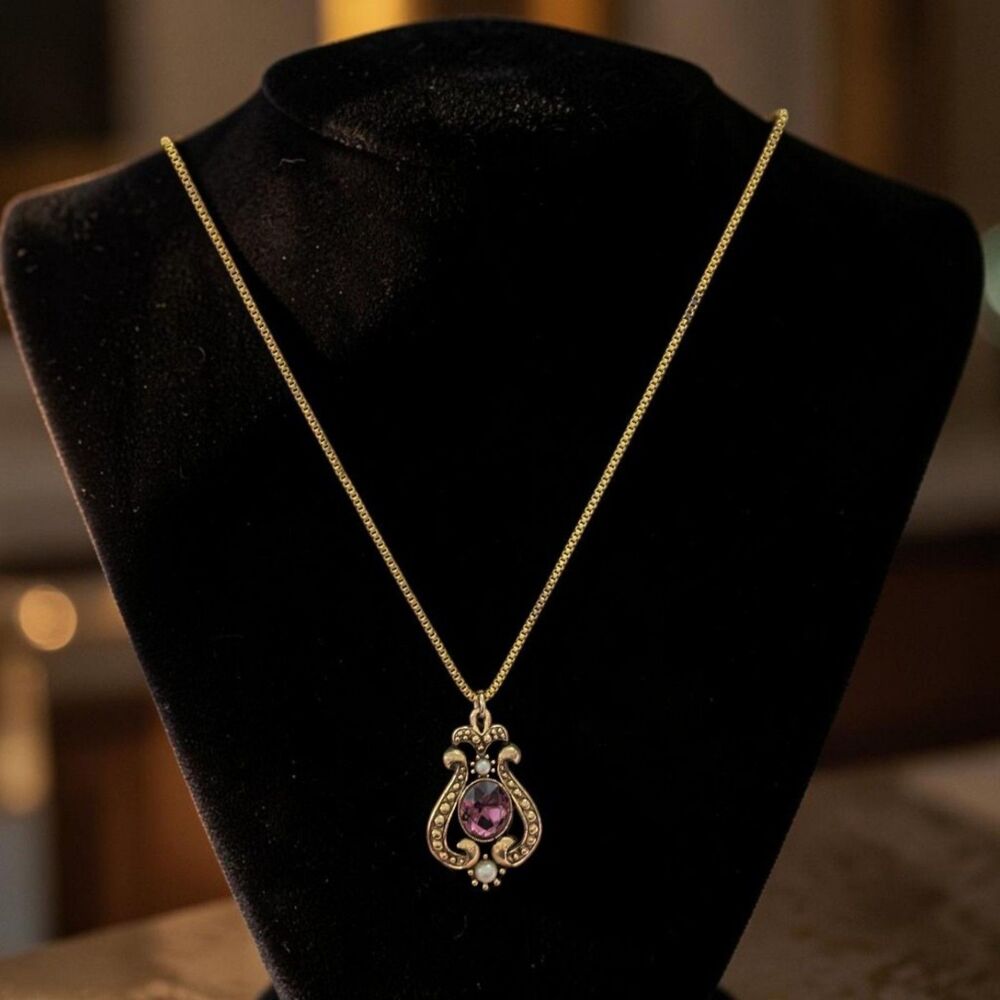 Vintage Avon Purple Rhinestone Faux Pearl Pendant Necklace, Victorian Jewelry